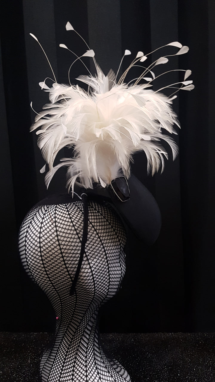 MC Millinery MC1208 Black fabric curved teardrop percher with feather tree