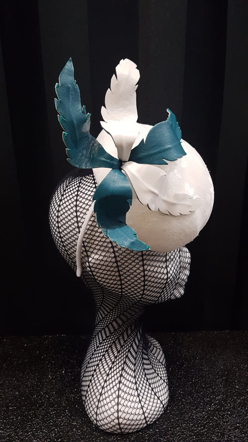 MC Millinery MC1209 Cream embossed fabric teardrop with leather feather feature