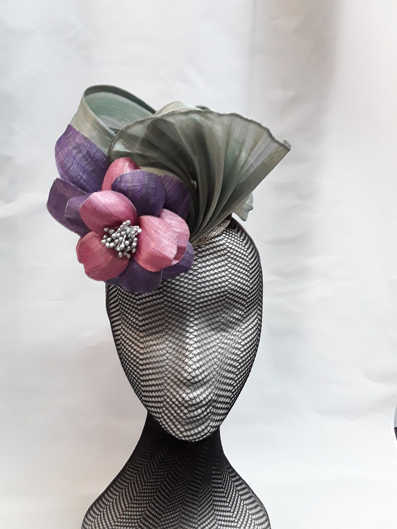 MC Millinery Pink & Purple flower with Grey waves
