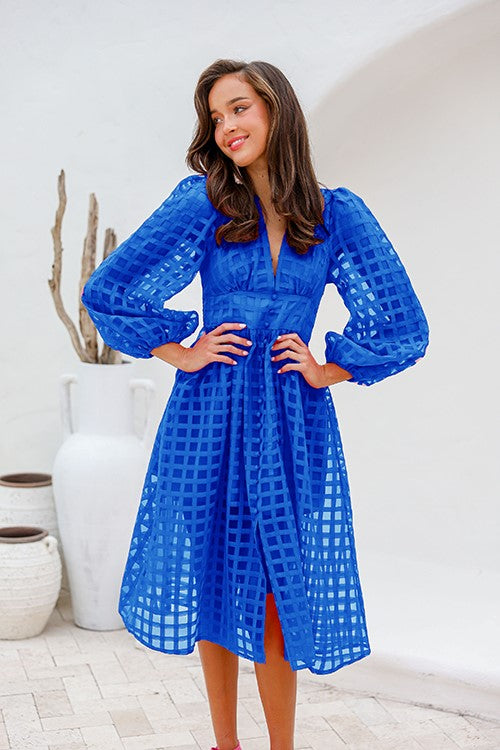 YH and Co Sheer Puff Sleeve Dress in Cobalt
