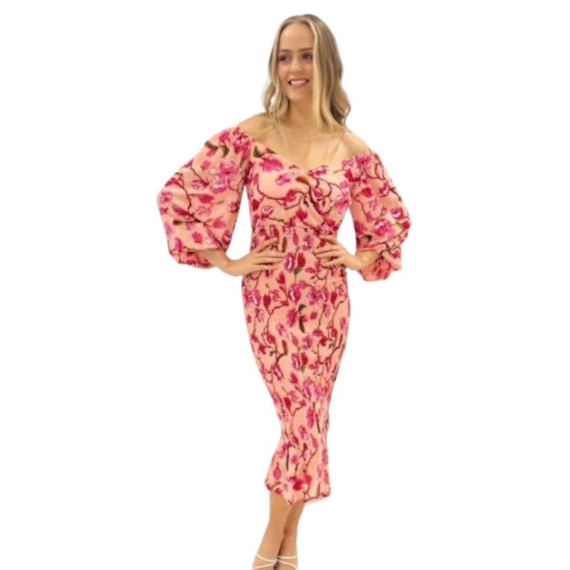 Lorraine Shirred Pink Floral Dress 34316