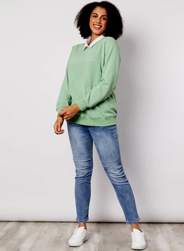Threadz Embossed Star Front Cotton Sweater in Mint