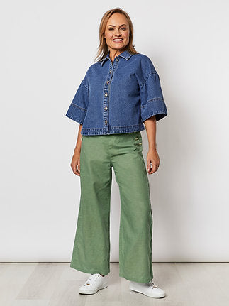Threadz Wide Leg Linen Blend Pant in Thyme