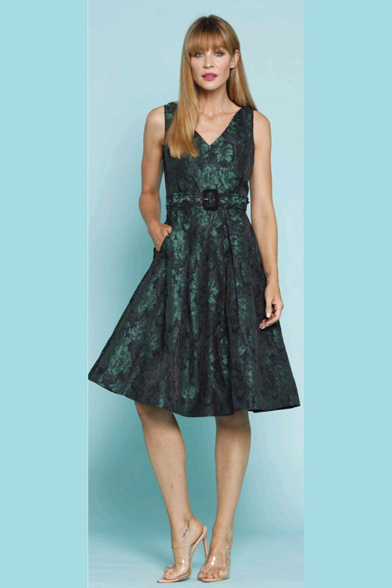Pink Ruby Summer Nights Flare Dress in Green/Navy
