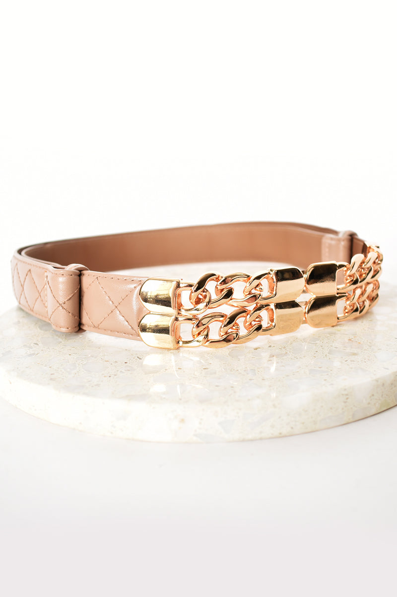 Gold Chain Quilted Waist Belt - Brown