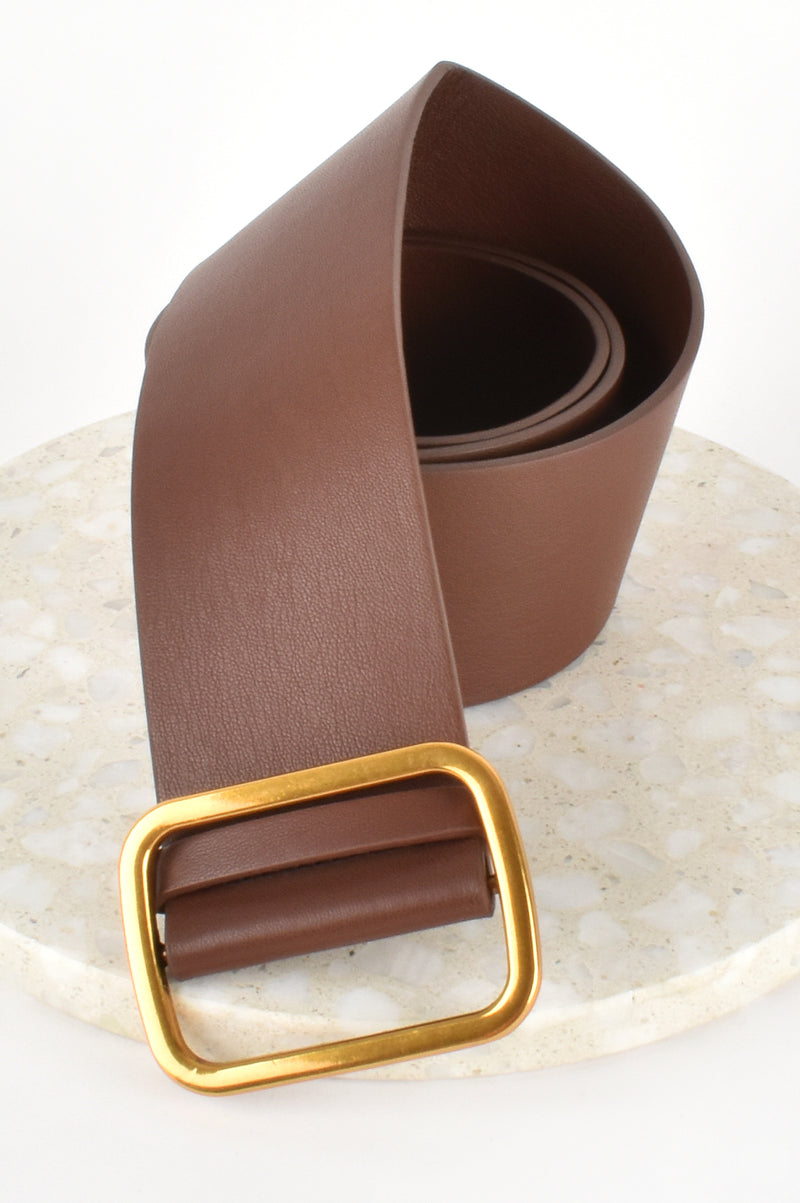 Vegan Leather Brushed Buckle Belt in Chocolate