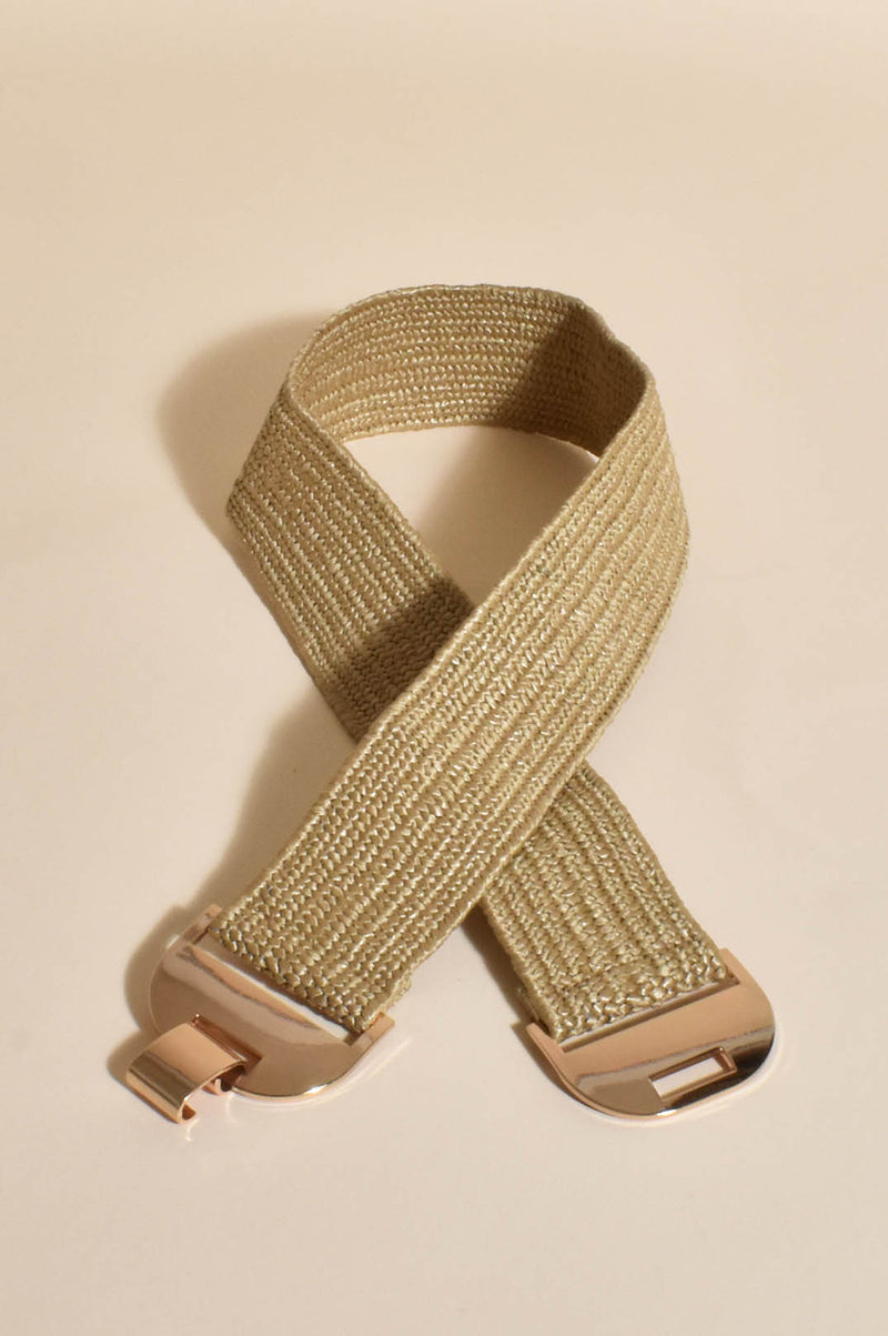 Stretch Weave Belt with Gold Buckle in Natural ABD0575