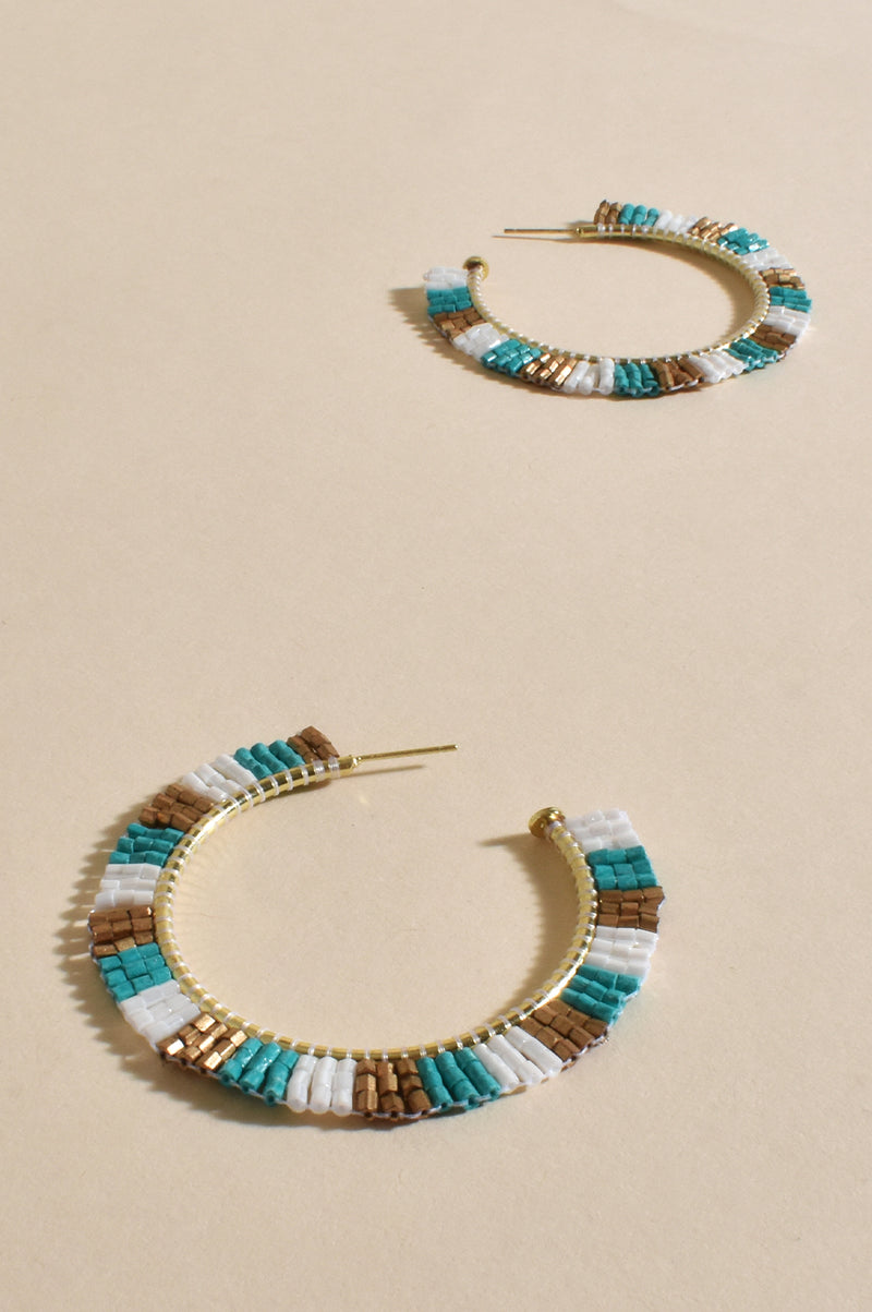 Beaded Panel Pattern Hoops in Turquoise AEA3038