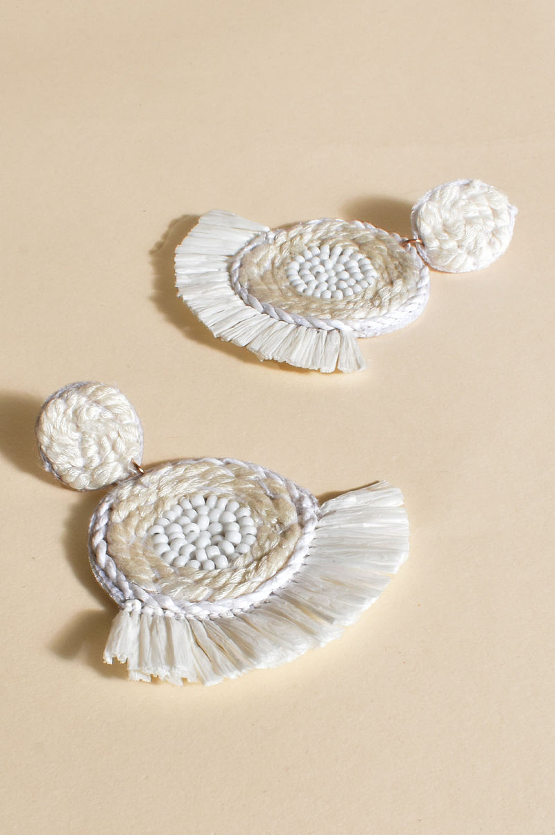 Flared Beaded Raffia Disc Earrings in White AEA3121