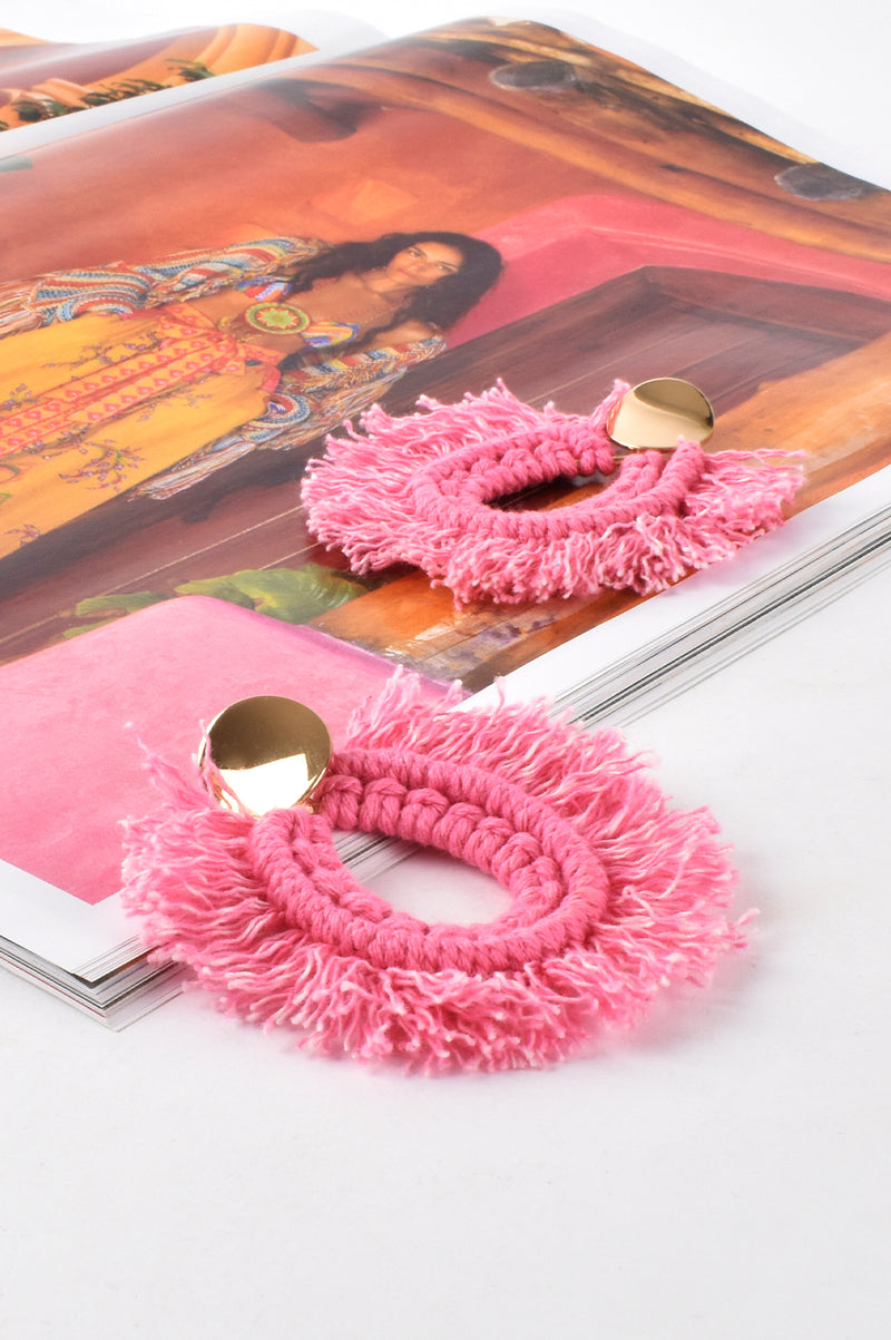 Statement Crimped Fringed Earrings in Pink