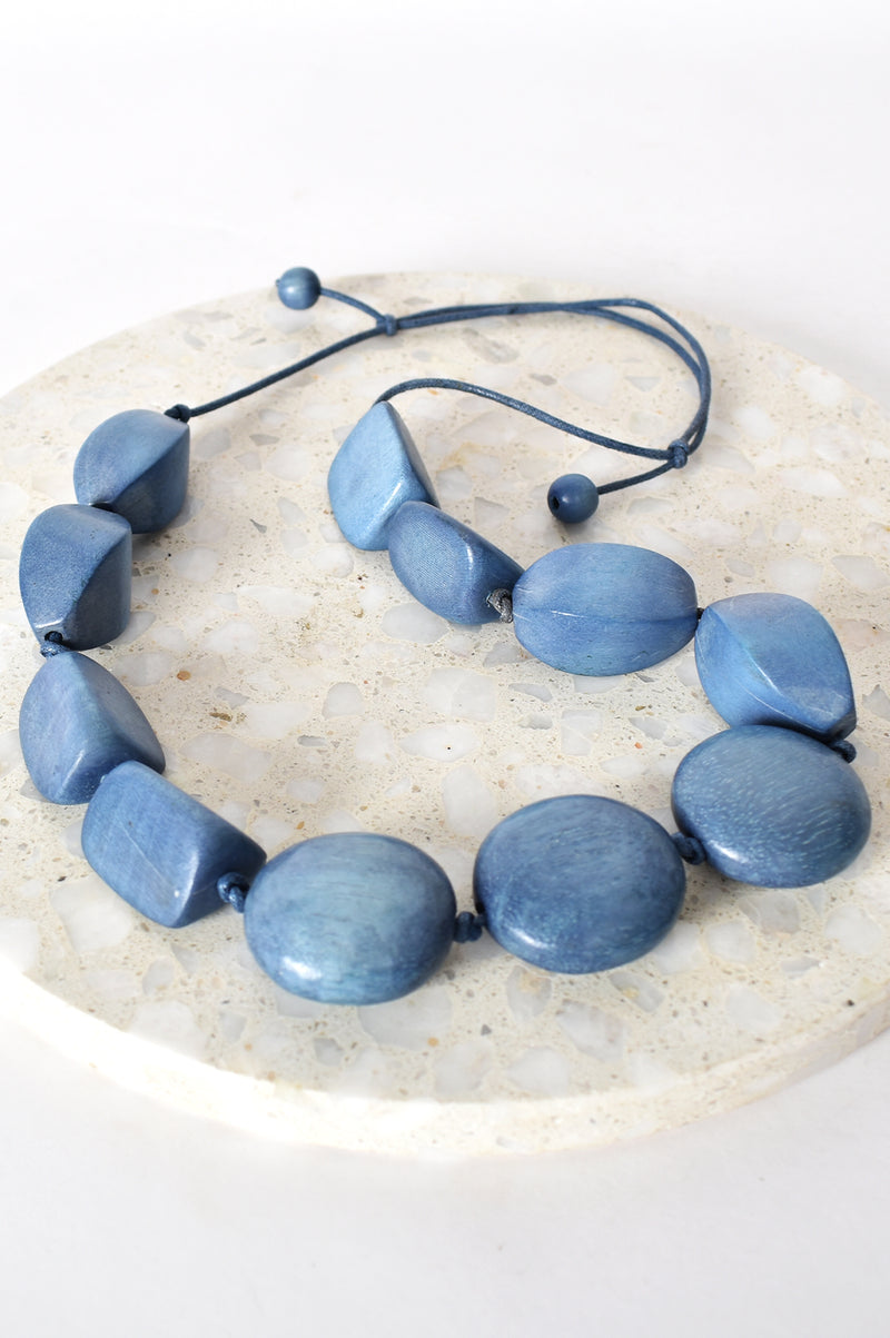 Chunky Timber Bead Cord Necklace - Denim Blue