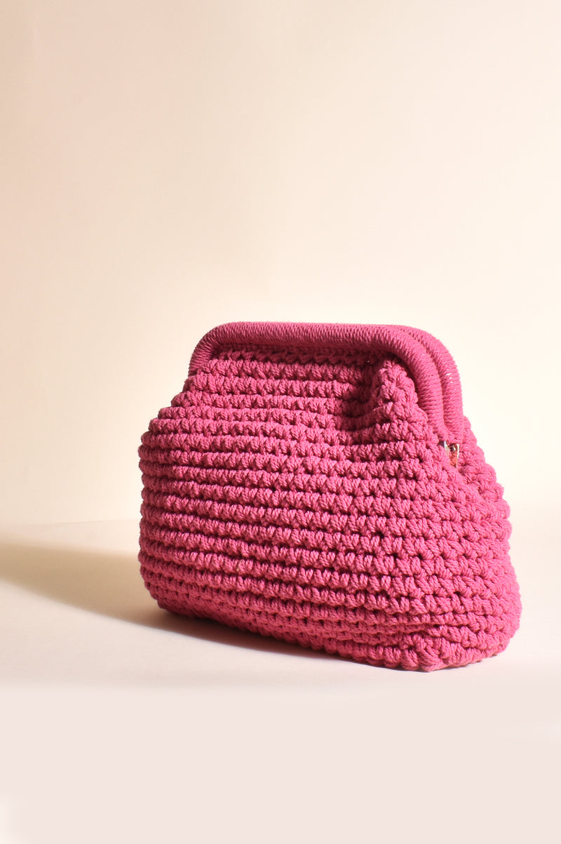 Curved Frame Cotton Knit Bag in Hot Pink AXD1560