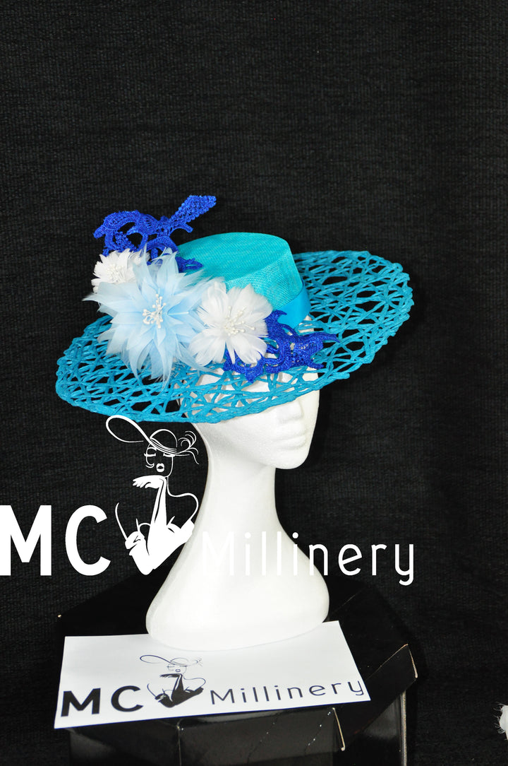 MC Millinery MC1199 Teal green lattice brim boater with feather flowers and lace feature