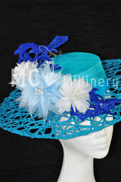 MC Millinery MC1199 Teal green lattice brim boater with feather flowers and lace feature
