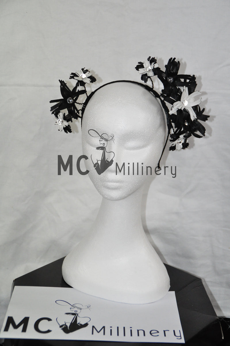 MC Millinery MC1197 black and white leather flower crown