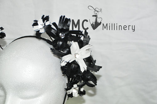 MC Millinery MC1197 black and white leather flower crown