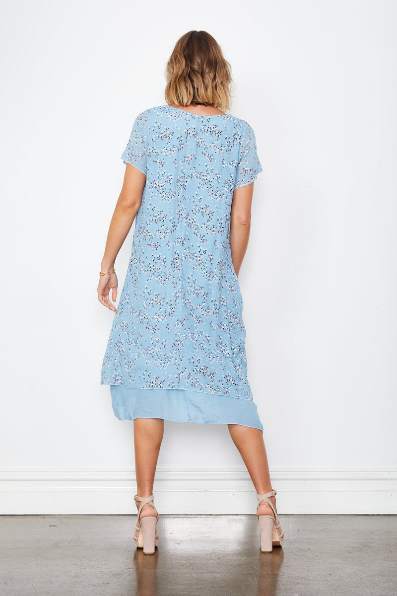 Holmes and Fallon Double Layered Sleeved Dress in Blue