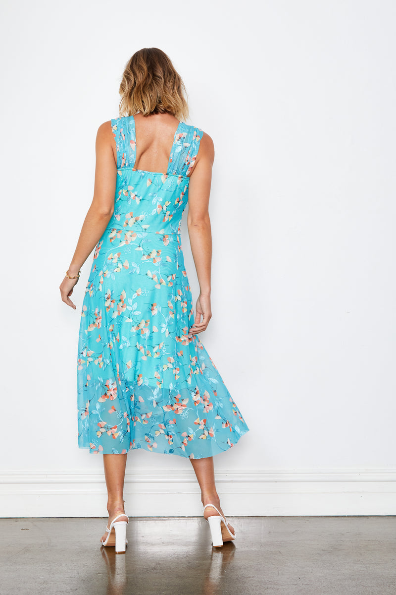 Holmes and Fallon Embroidered Net Overlay dress in Aqua