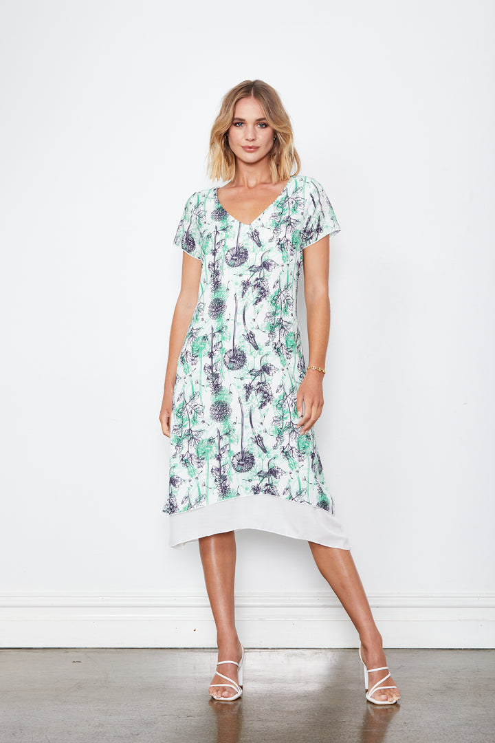 Holmes and Fallon Double Layered Sleeved Dress in Green Floral