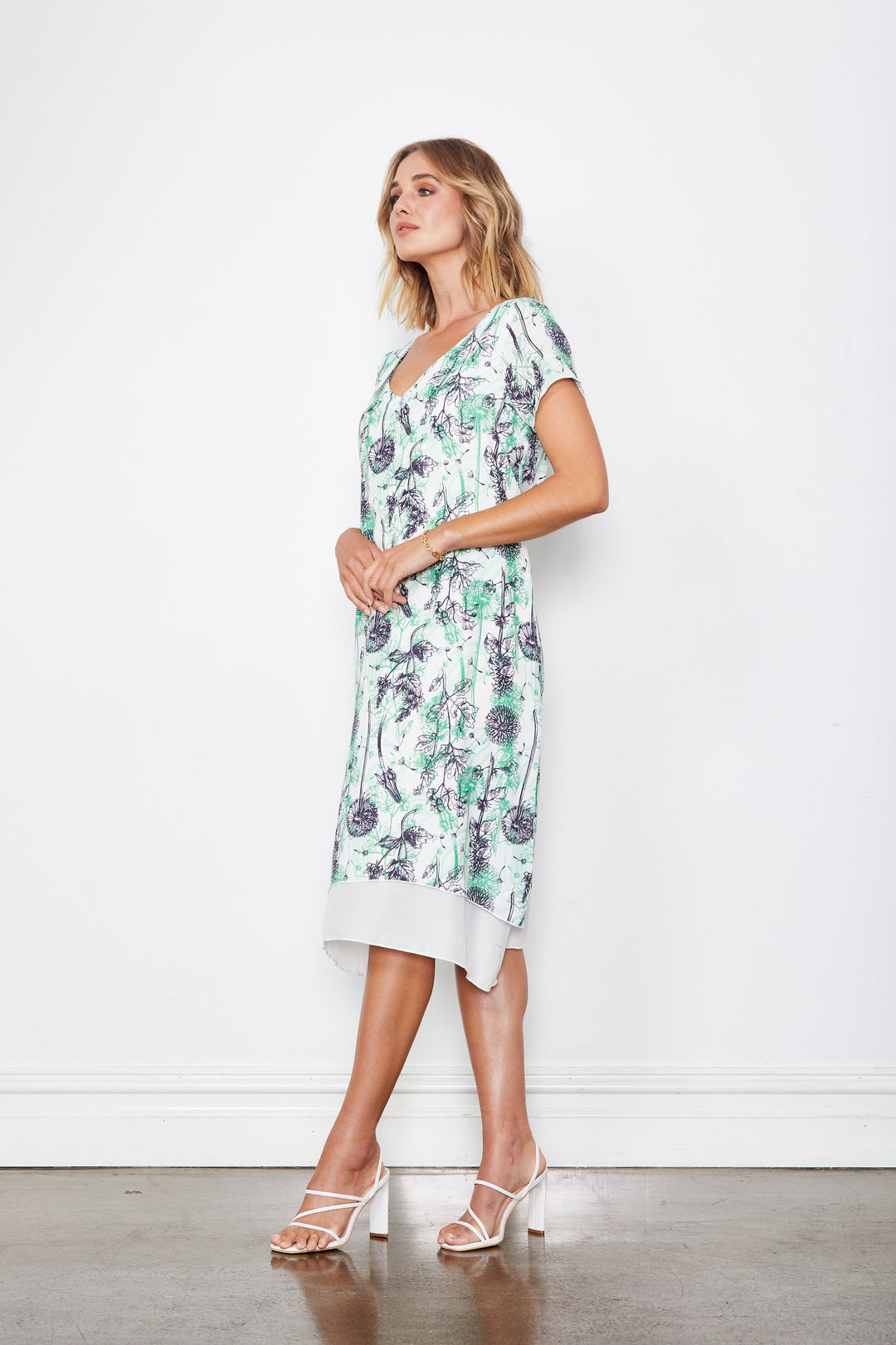 Holmes and Fallon Double Layered Sleeved Dress in Green Floral
