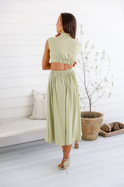 YH and Co High Neck Cutout Midi Dress in Sage