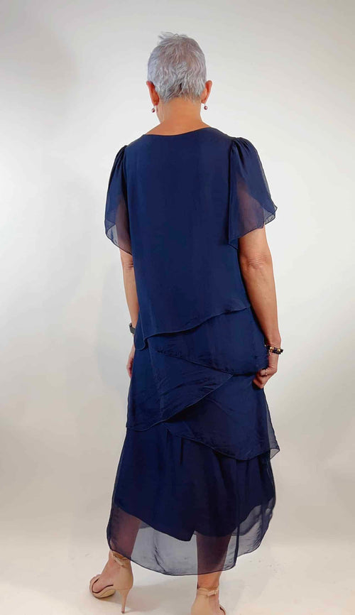 La Strada Silk Petal Layer Dress in Navy