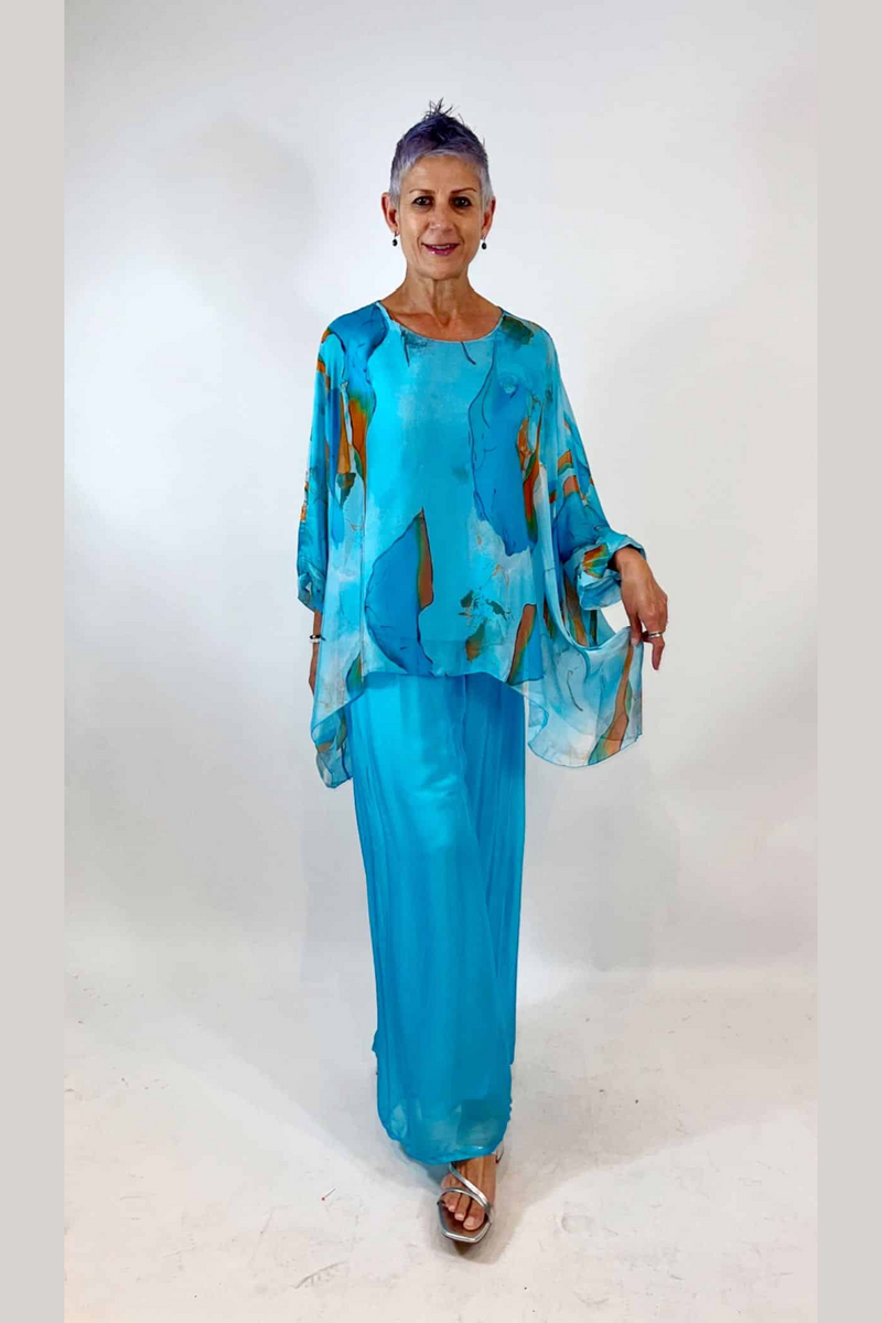 La Strada Silk Blended Pants in Turquoise