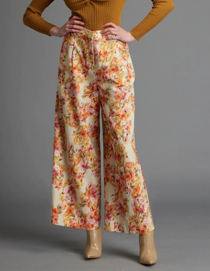 Fate Last Dance Structured Solid Wide Leg High Wasited Pant in Floral