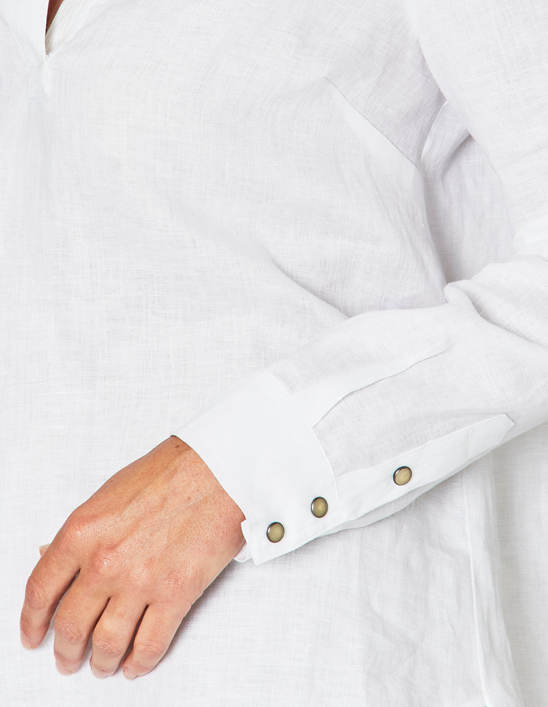 Ping Pong Stitch Detail Linen Shirt in White/Flax