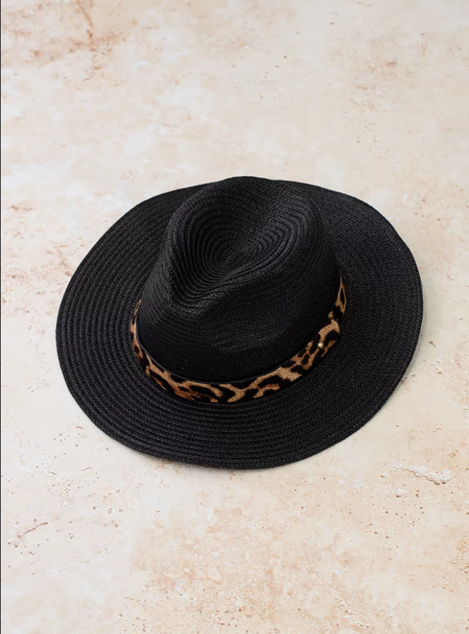 Fedora Straw Hat with Leopard Band Black