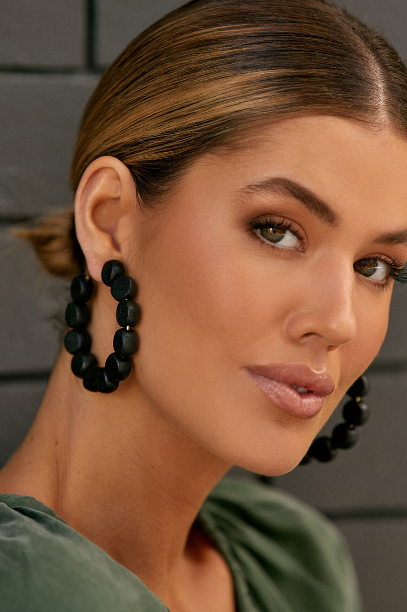 Smooth Timber Bead Hoops in Black