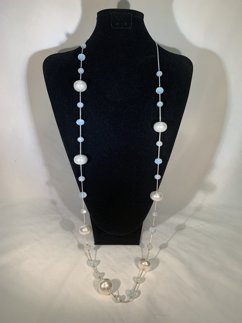 Stellar Rose Grey and Pearl beaded long necklace 66023