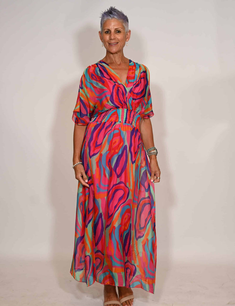 La Strada Silk Waist Band Dress in Abstract Print