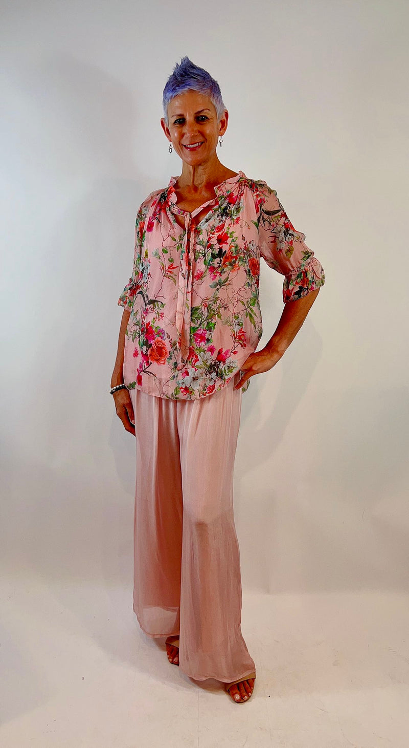 La Strada High Frill Tied Neck Top in Blush Pink Floral
